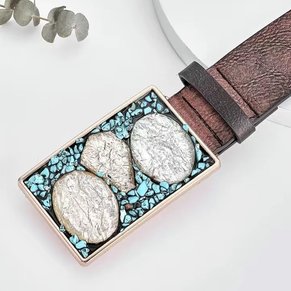 Pu Leather Boho Western Turquoise Gemstone Buckle Belt - Picture 4 of 6